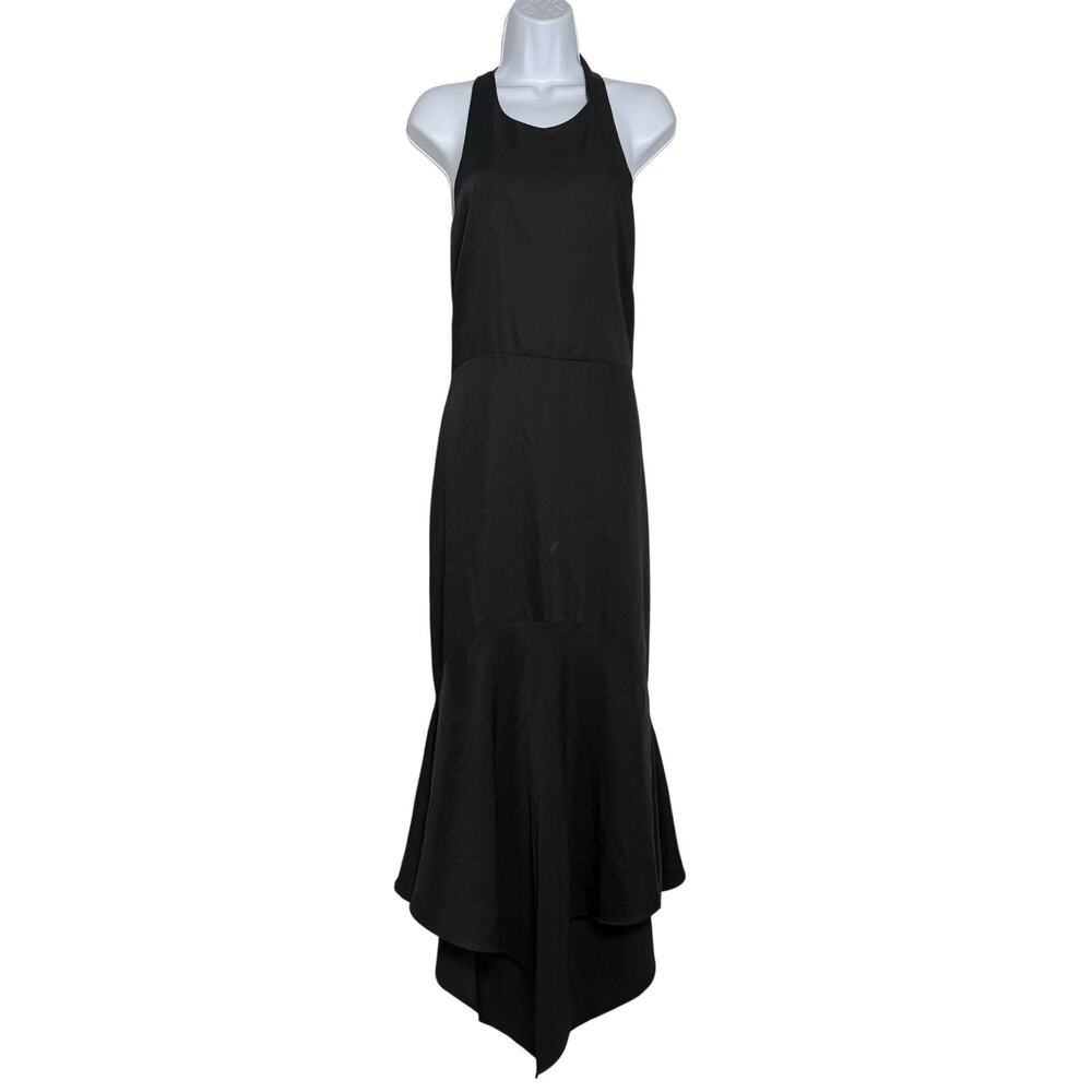 BELLE Badgley Mischka Elynne Asymmetrical Hem Halter Neck Bow Tie Black Gown 14